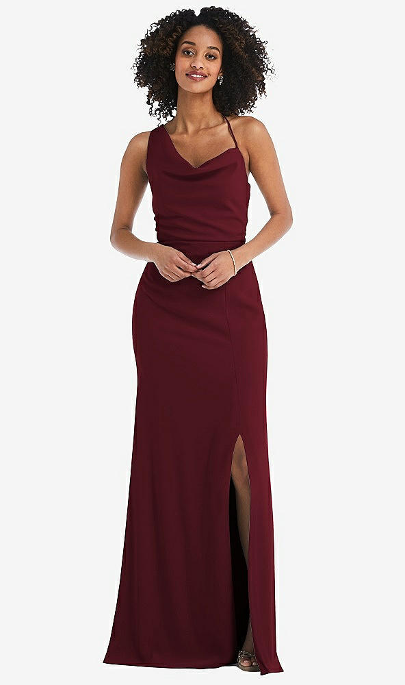 Front View - Cabernet One-Shoulder Draped Cowl-Neck Maxi Dress