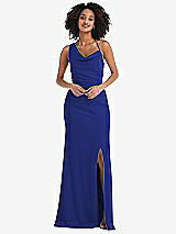 Front View Thumbnail - Cobalt Blue One-Shoulder Draped Cowl-Neck Maxi Dress