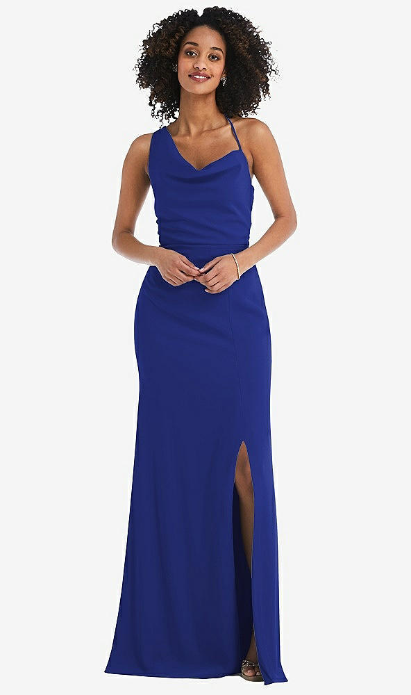Front View - Cobalt Blue One-Shoulder Draped Cowl-Neck Maxi Dress
