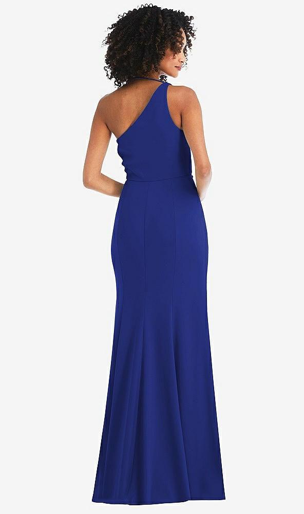 Back View - Cobalt Blue One-Shoulder Draped Cowl-Neck Maxi Dress