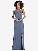 Front View Thumbnail - Larkspur Blue One-Shoulder Draped Cowl-Neck Maxi Dress