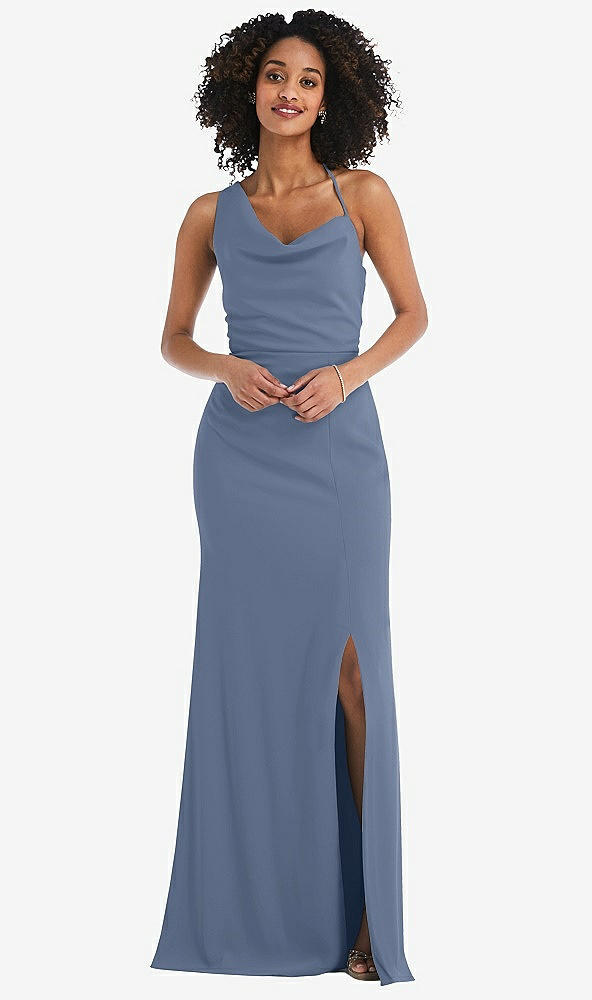 Front View - Larkspur Blue One-Shoulder Draped Cowl-Neck Maxi Dress