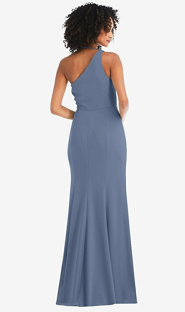 Back View - Larkspur Blue One-Shoulder Draped Cowl-Neck Maxi Dress