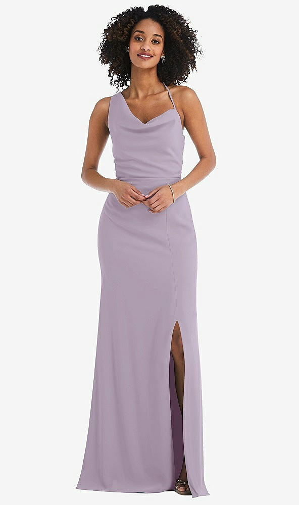 Front View - Lilac Haze One-Shoulder Draped Cowl-Neck Maxi Dress