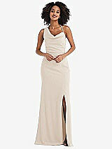 Front View Thumbnail - Oat One-Shoulder Draped Cowl-Neck Maxi Dress