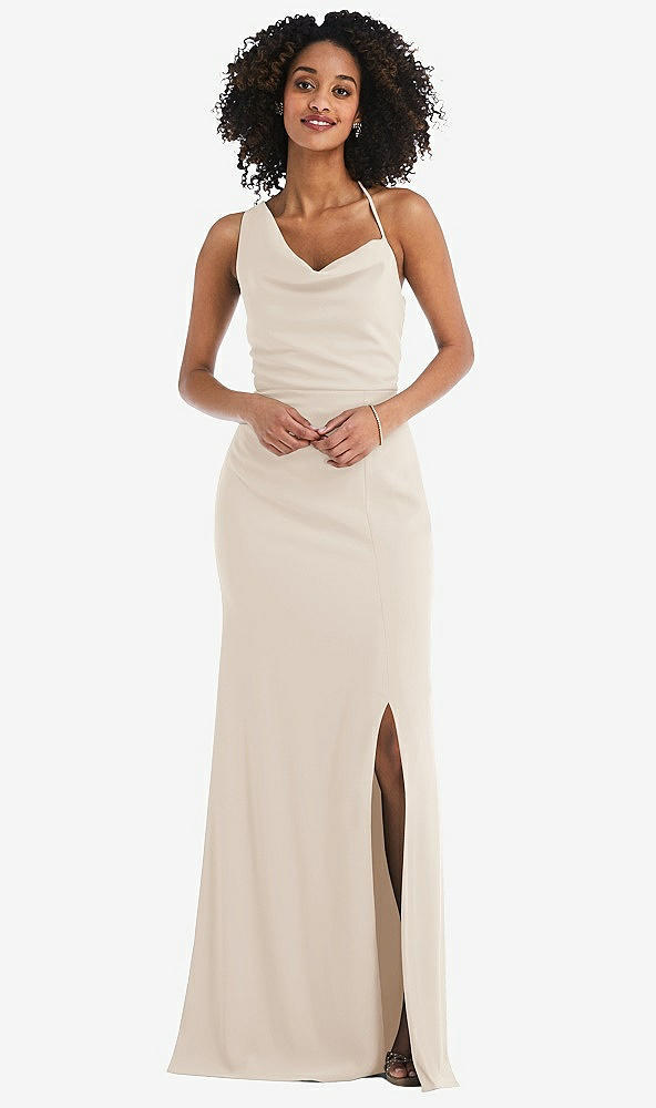 Front View - Oat One-Shoulder Draped Cowl-Neck Maxi Dress