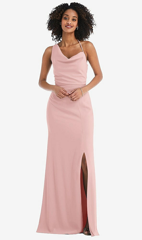 Front View - Rose One-Shoulder Draped Cowl-Neck Maxi Dress