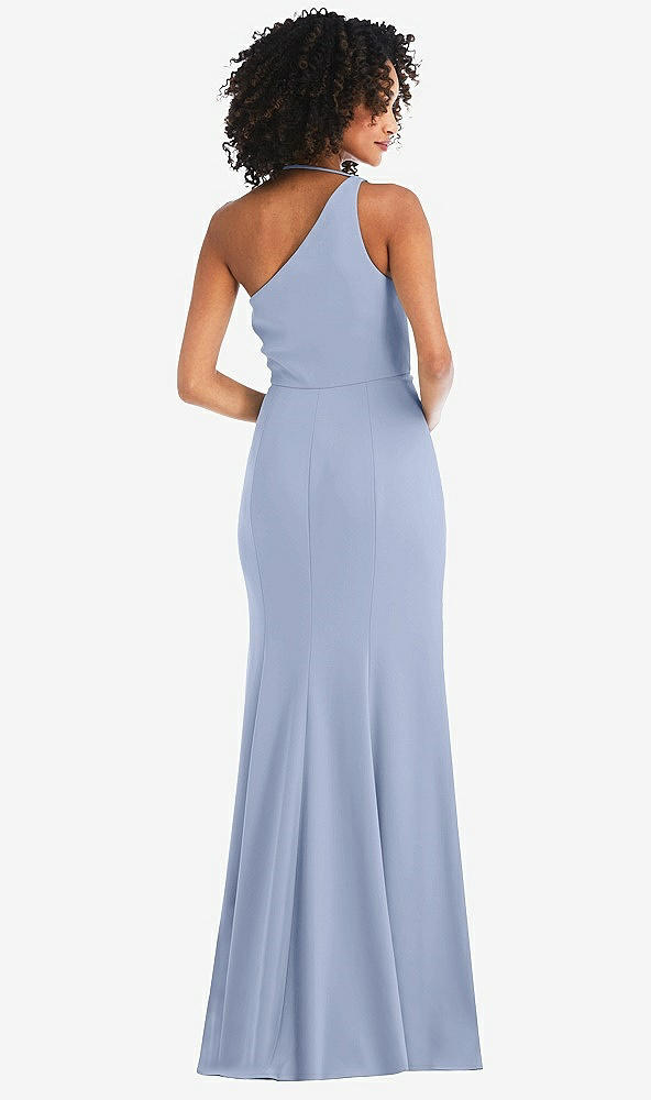 Back View - Sky Blue One-Shoulder Draped Cowl-Neck Maxi Dress