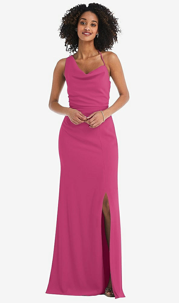 Front View - Tea Rose One-Shoulder Draped Cowl-Neck Maxi Dress