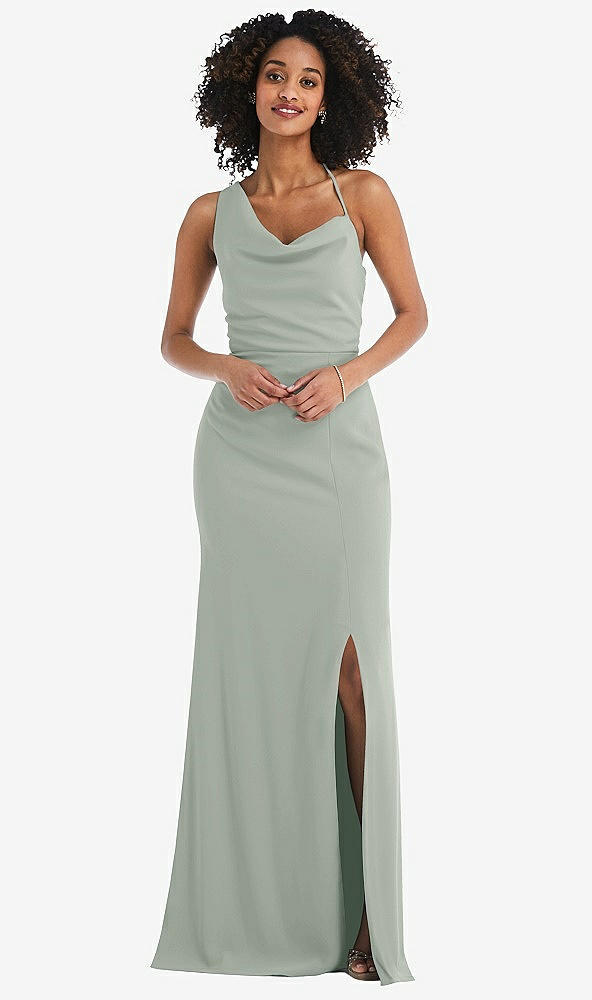 Front View - Willow Green One-Shoulder Draped Cowl-Neck Maxi Dress