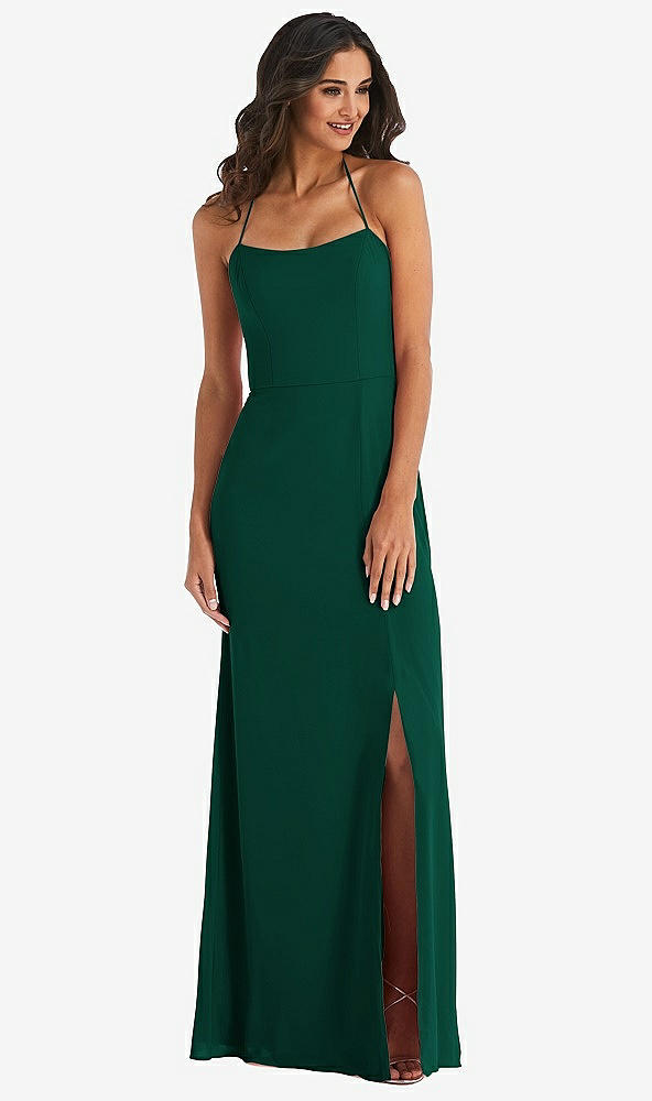 Front View - Hunter Green Spaghetti Strap Tie Halter Backless Trumpet Gown