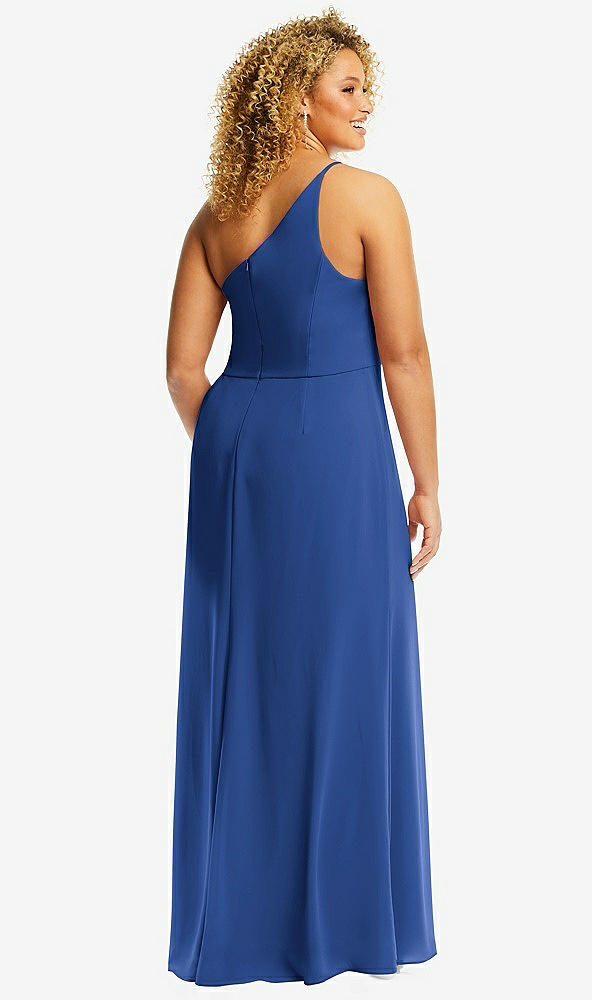 Back View - Classic Blue Skinny One-Shoulder Trumpet Gown with Front Slit