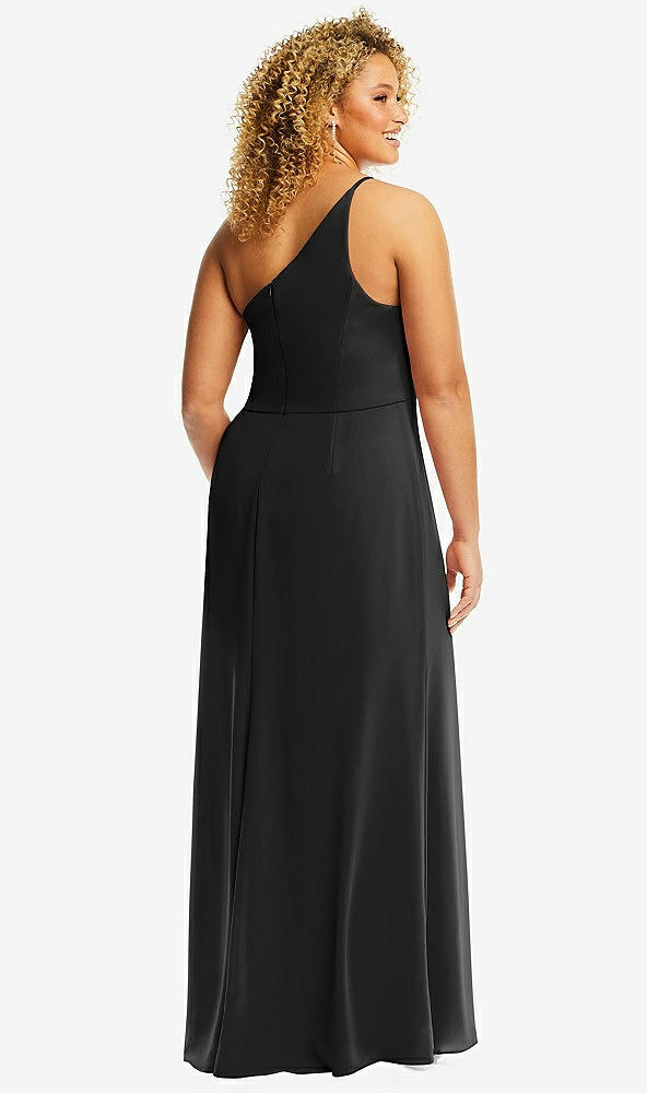 Back View - Black Skinny One-Shoulder Trumpet Gown with Front Slit