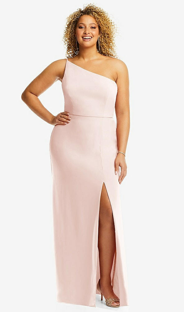 Front View - Blush Skinny One-Shoulder Trumpet Gown with Front Slit