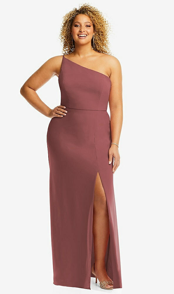 Front View - English Rose Skinny One-Shoulder Trumpet Gown with Front Slit