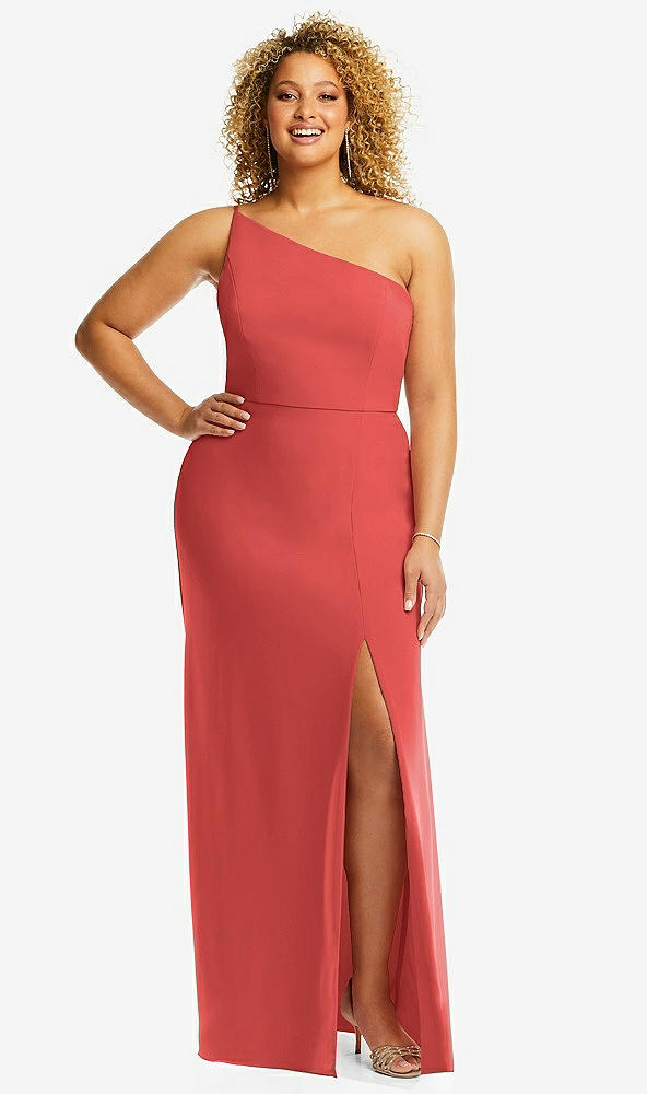Front View - Perfect Coral Skinny One-Shoulder Trumpet Gown with Front Slit