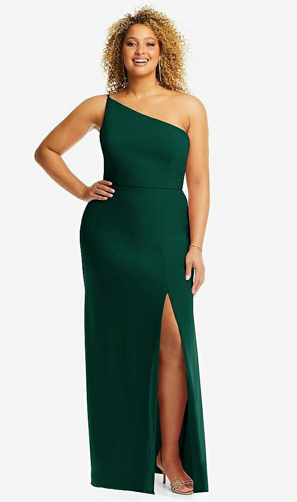 Front View - Hunter Green Skinny One-Shoulder Trumpet Gown with Front Slit