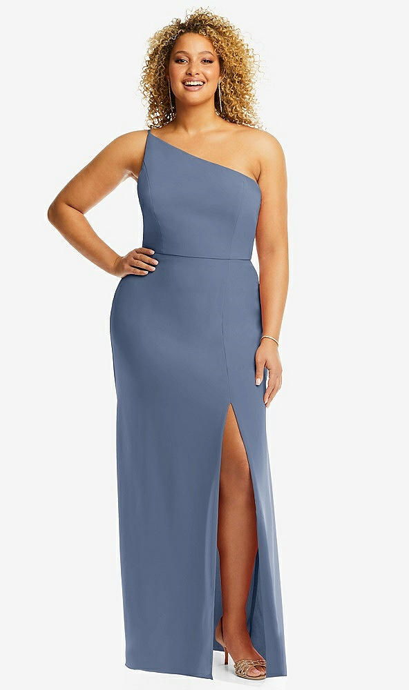 Front View - Larkspur Blue Skinny One-Shoulder Trumpet Gown with Front Slit