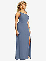 Side View Thumbnail - Larkspur Blue Skinny One-Shoulder Trumpet Gown with Front Slit