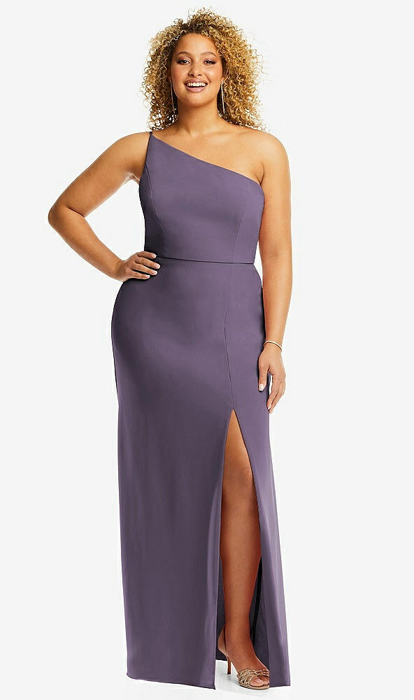 Front View - Lavender Skinny One-Shoulder Trumpet Gown with Front Slit
