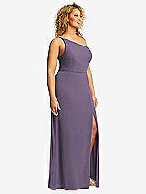 Side View Thumbnail - Lavender Skinny One-Shoulder Trumpet Gown with Front Slit