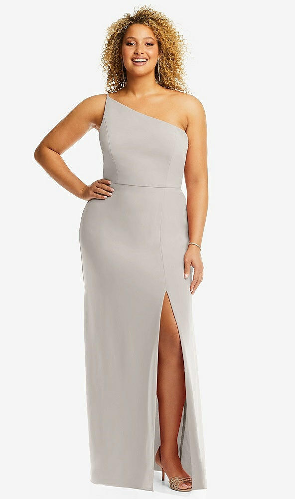 Front View - Oyster Skinny One-Shoulder Trumpet Gown with Front Slit