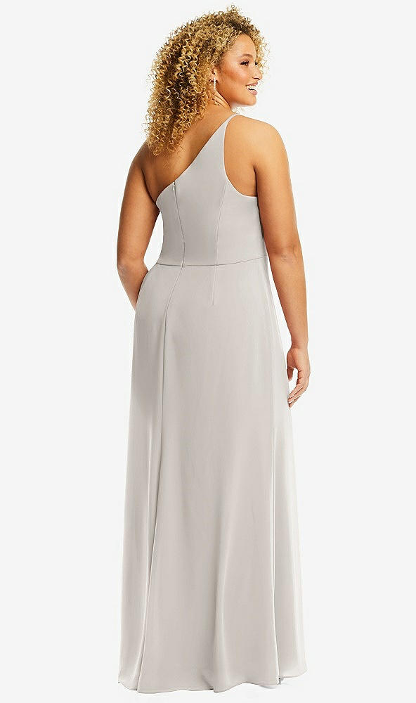 Back View - Oyster Skinny One-Shoulder Trumpet Gown with Front Slit