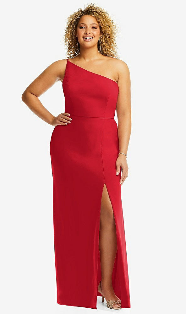 Front View - Parisian Red Skinny One-Shoulder Trumpet Gown with Front Slit