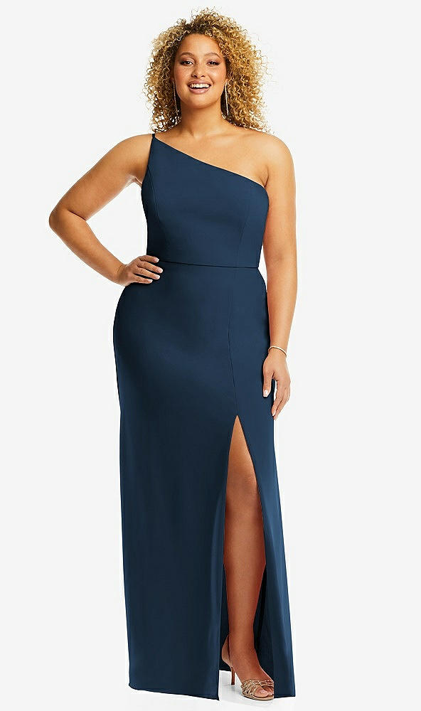 Front View - Sofia Blue Skinny One-Shoulder Trumpet Gown with Front Slit