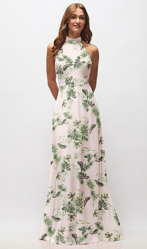 Front View - Palm Beach Print High Neck Halter Backless Maxi Dress