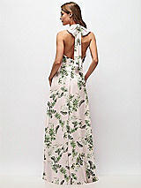Rear View Thumbnail - Palm Beach Print High Neck Halter Backless Maxi Dress