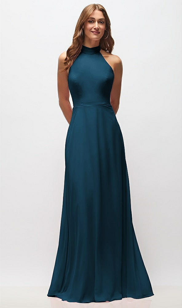 Front View - Atlantic Blue High Neck Halter Backless Maxi Dress