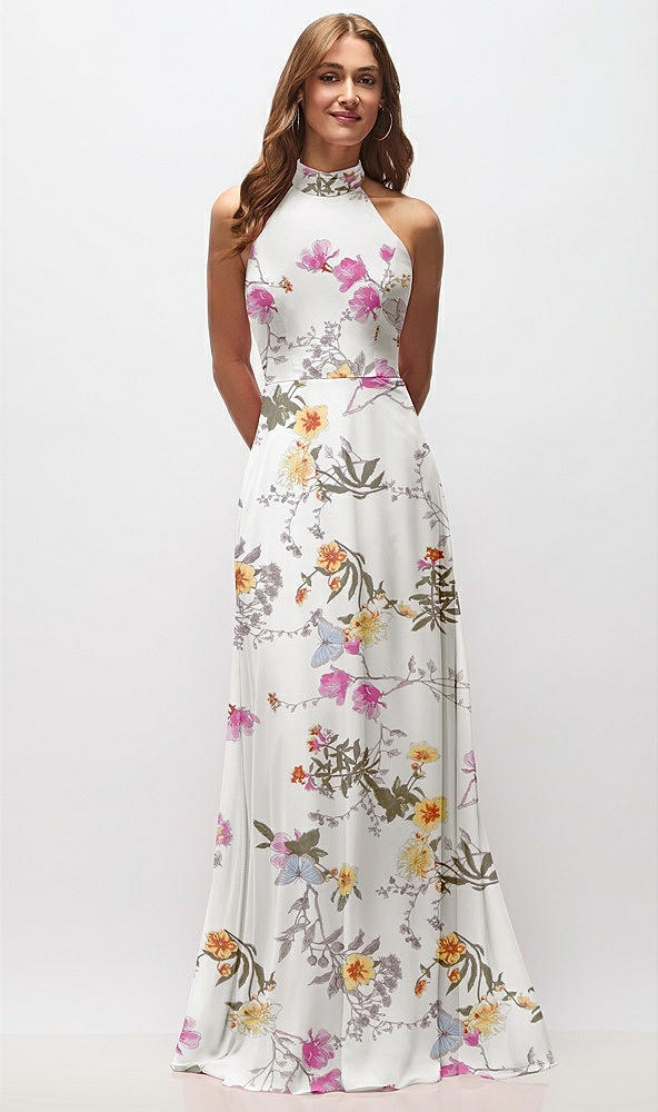 Front View - Butterfly Botanica Ivory High Neck Halter Backless Maxi Dress