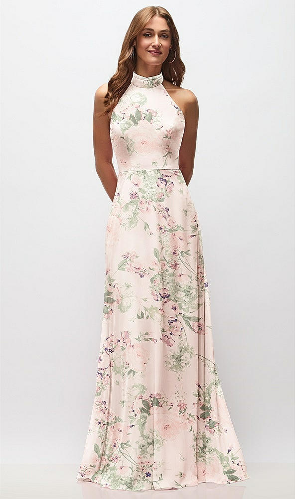Front View - Blush Garden High Neck Halter Backless Maxi Dress