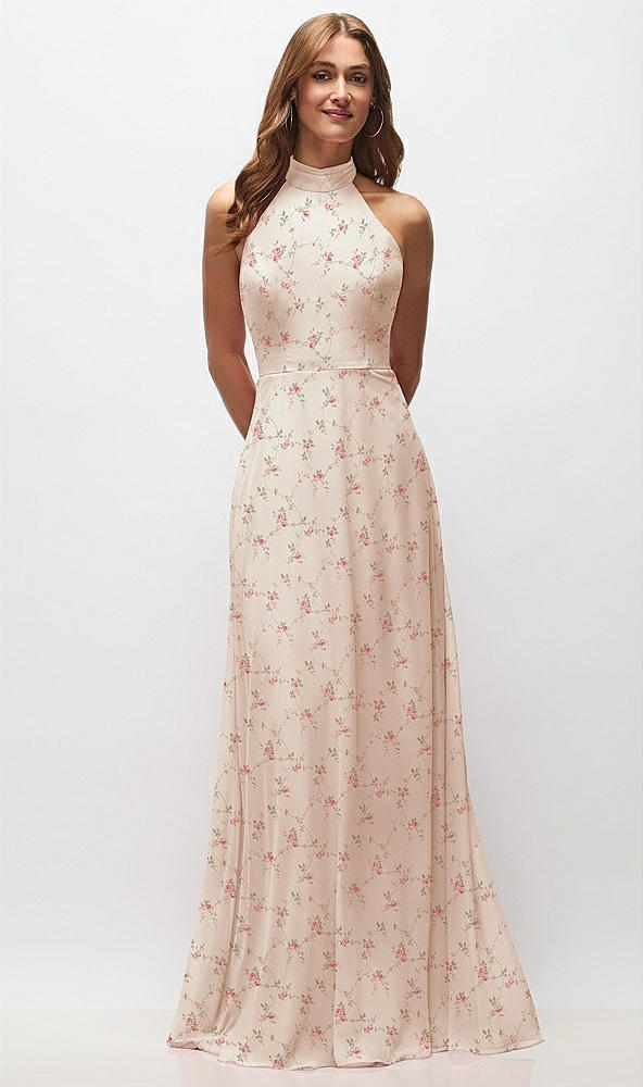 Front View - Coquette Floral Print High Neck Halter Backless Maxi Dress