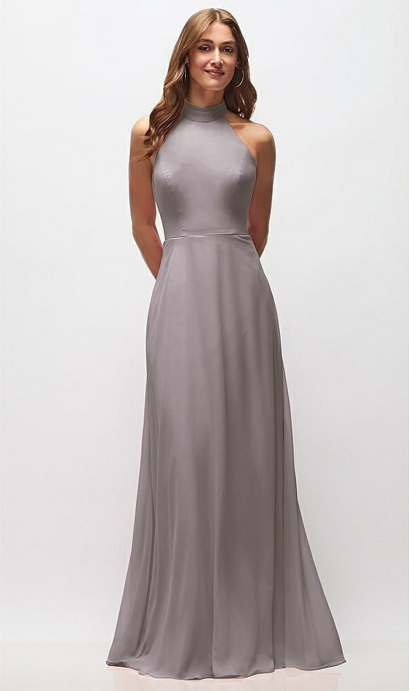 Front View - Cashmere Gray High Neck Halter Backless Maxi Dress