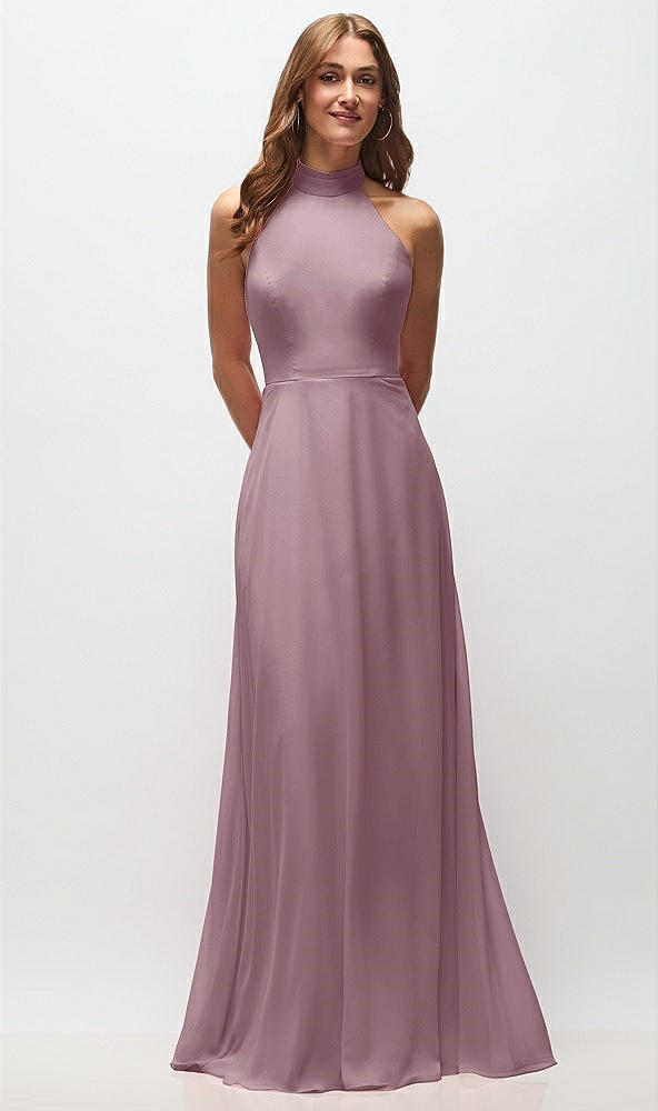 Front View - Dusty Rose High Neck Halter Backless Maxi Dress