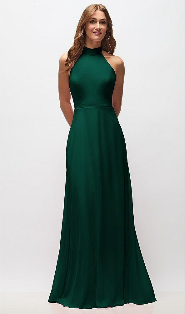 Front View - Hunter Green High Neck Halter Backless Maxi Dress