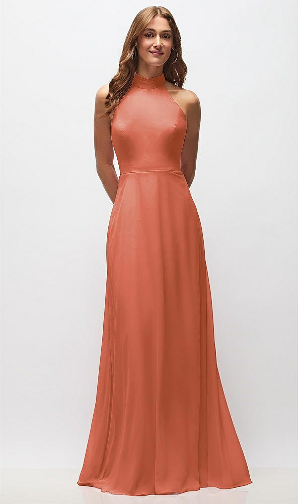 Front View - Terracotta Copper High Neck Halter Backless Maxi Dress