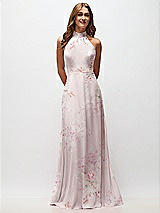 Front View Thumbnail - Watercolor Print High Neck Halter Backless Maxi Dress