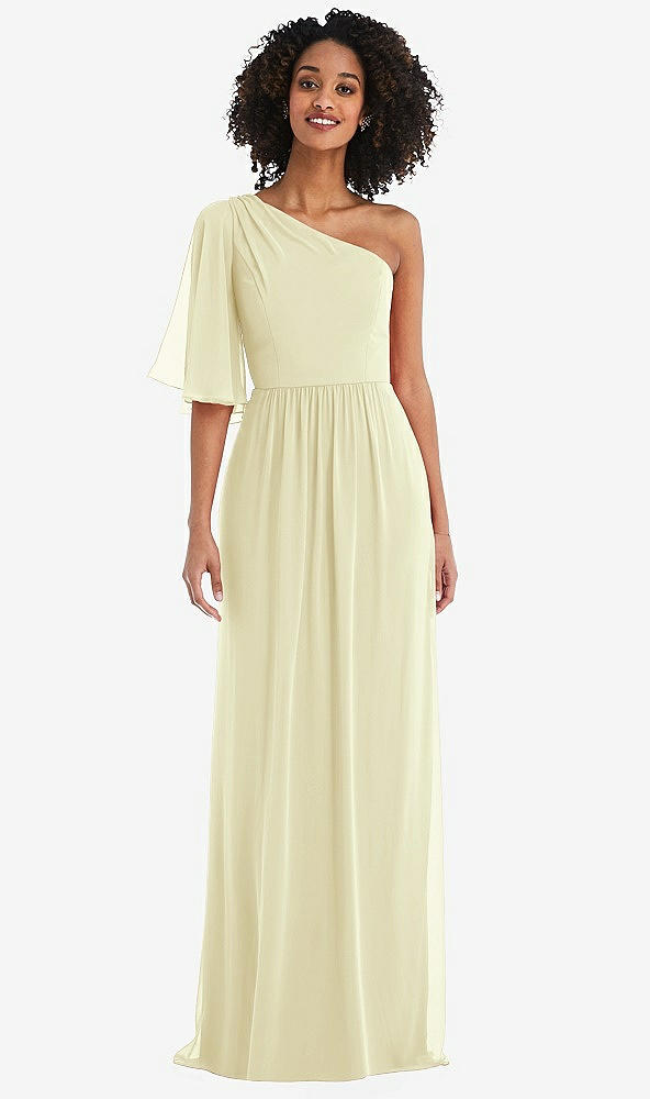 Front View - Butter Yellow One-Shoulder Bell Sleeve Chiffon Maxi Dress