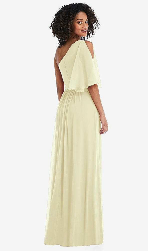 Back View - Butter Yellow One-Shoulder Bell Sleeve Chiffon Maxi Dress