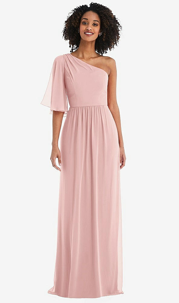 Front View - Rose One-Shoulder Bell Sleeve Chiffon Maxi Dress