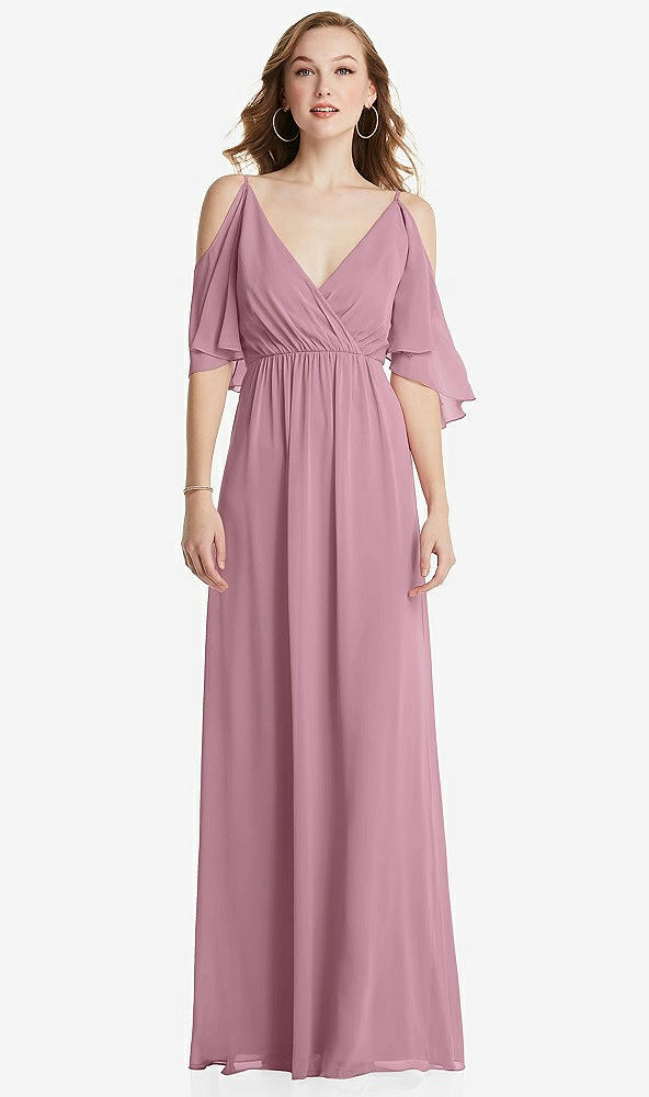 Front View - Dusty Pink Convertible Cold-Shoulder Draped Wrap Maxi Dress