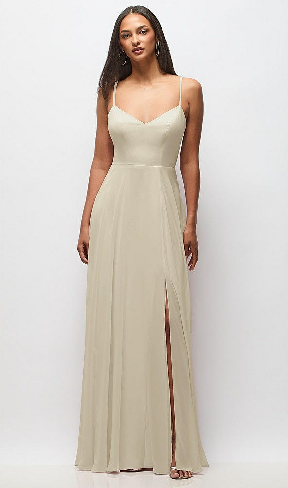 Front View - Champagne Tie-Back Cutout Maxi Dress with Front Slit