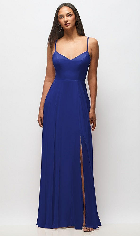 Front View - Cobalt Blue Tie-Back Cutout Maxi Dress with Front Slit