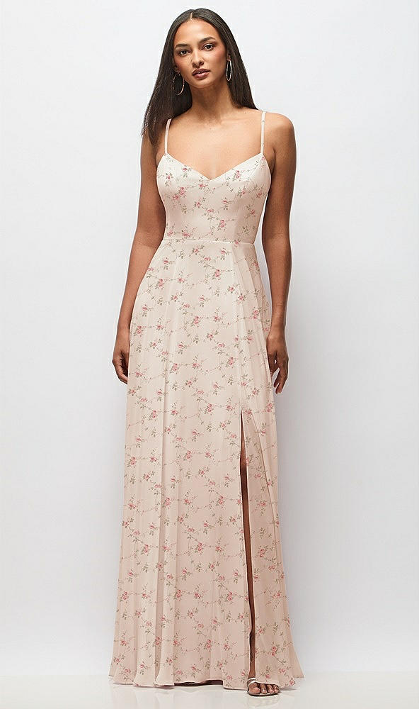 Front View - Coquette Floral Print Tie-Back Cutout Maxi Dress with Front Slit