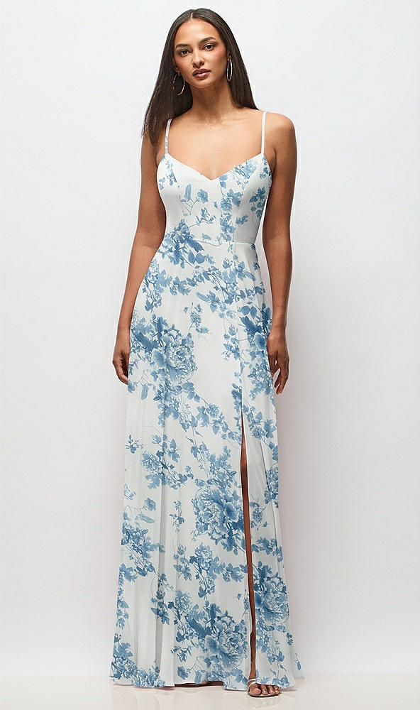 Front View - Cottage Rose Dusk Blue Tie-Back Cutout Maxi Dress with Front Slit