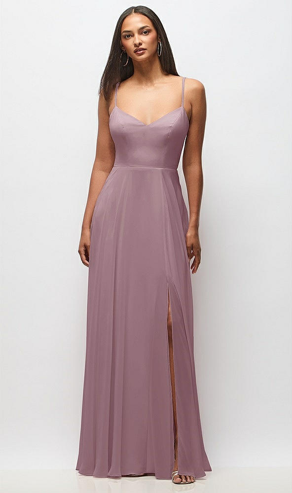 Front View - Dusty Rose Tie-Back Cutout Maxi Dress with Front Slit