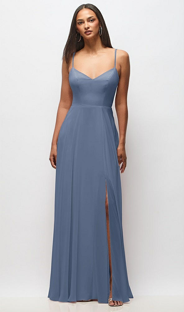 Front View - Larkspur Blue Tie-Back Cutout Maxi Dress with Front Slit